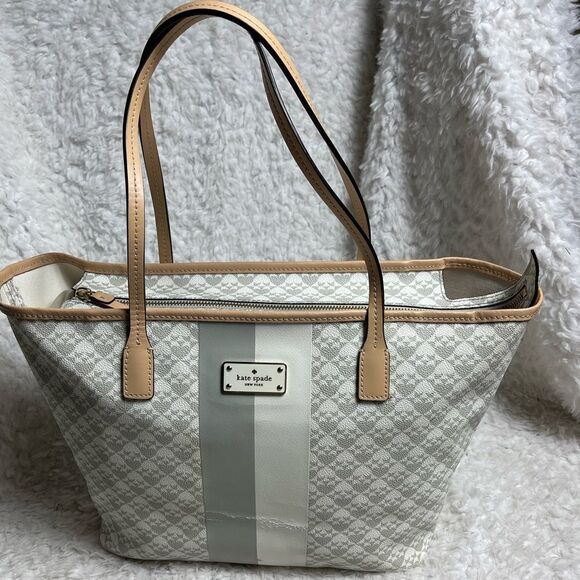 Kate Spade New York gray and white signature tote with tan leather straps & trim - Picture 1 of 14